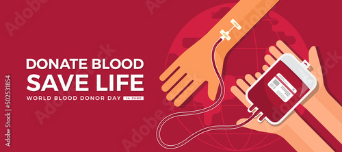 world blood donor day - donate blood save life text and hands hold blood bag to give the patient's arm on red globe texture background vector design