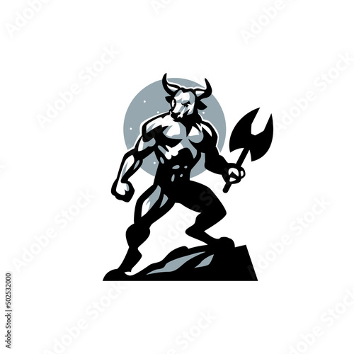 Minotaur, a mythical animal, holds an ax in his hand. The head of a bull, the body of a man.