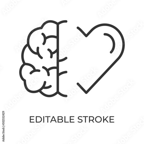 Brain heart balance. The struggle of emotions and rational thinking. Vector illustration. Editable stroke linear icon.