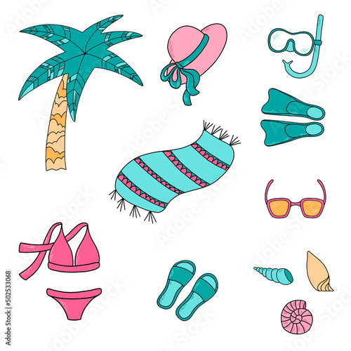 Set of cute beach elements: palm tree, hat, swimsuit, towel, flip flop, sunglasses, shells, snorkel equipment. Perfect for summertime poster, card, scrapbooking, invitation. Vector illustrations.