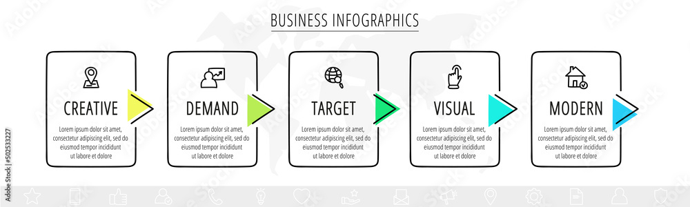 Line vector infographics with 5 rectangles. Square chart process template with arrows. Modern timeline for company or corporate business project, presentation, web, diagram, content Line vector infographics with 5 rectangles. Square chart process template with arrows. Modern timeline for company or corporate business project, presentation, web, diagram, content