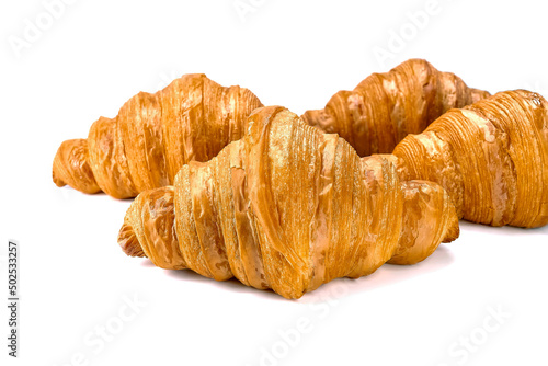 Plain Croissants, a classic crescent-shaped croissant. isolated on a white background.