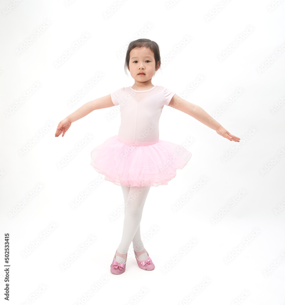 The beautiful little girl is doing gymnastics on a white background