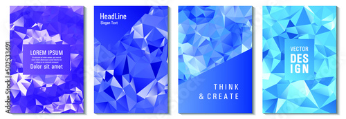 Blue facet triangles vivid cover page layouts vector graphic design set. Crystal texture polygonal patterns. Gradient triangle polygons facet geometric abstract backgrounds.