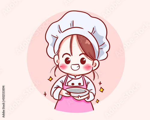 Cute chef girl in uniform character smiling and holding a plate food restaurant logo cartoon art illustration