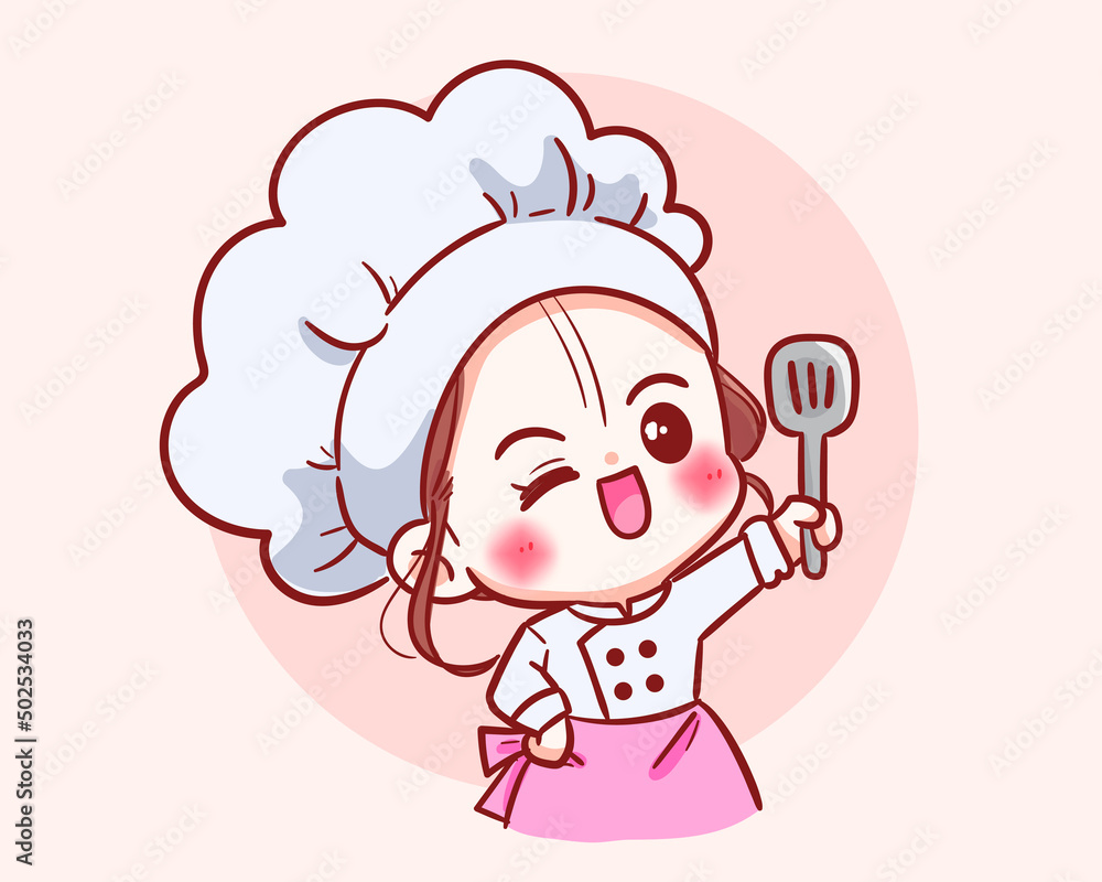 Cute chef girl in uniform character holding a turner food restaurant logo cartoon art illustration Cute chef girl in uniform character holding a turner food restaurant logo cartoon art illustration