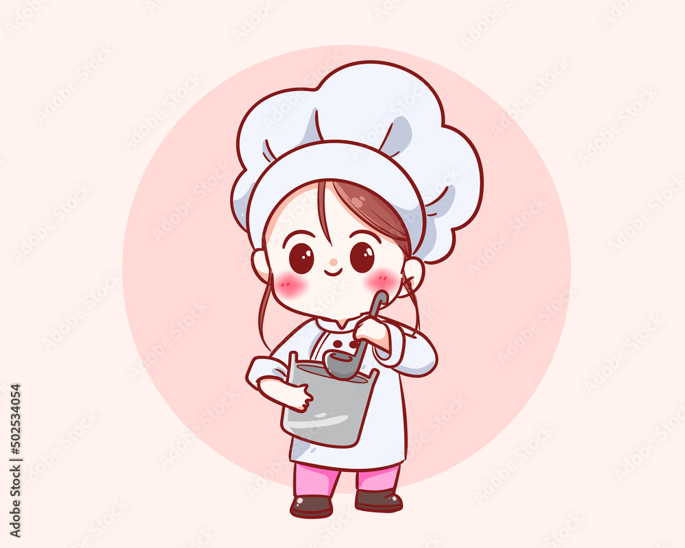 Cute chef girl in uniform character holding a pot food restaurant logo cartoon art illustration Cute chef girl in uniform character holding a pot food restaurant logo cartoon art illustration