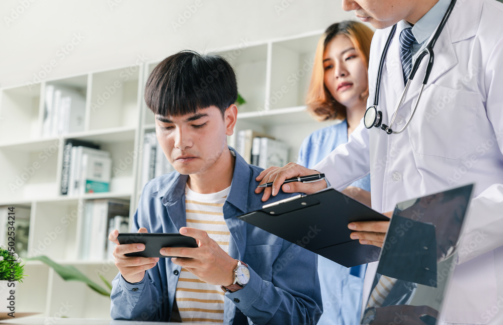 Fototapeta premium Teenager boy consult doctor about playing games for long periods of time. Sleep problems and short attention span concept.