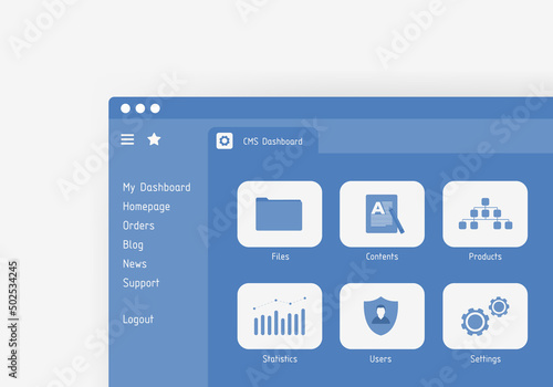 CMS admin dashboard concept. Manage content - create, edit and publish products or articles, configuration, seo, administration with website content management system