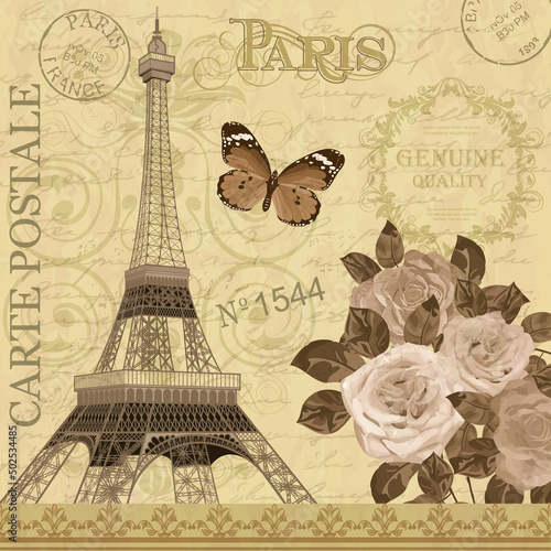 Paris vintage postcard with Eiffel Tower and roses on retro background. 