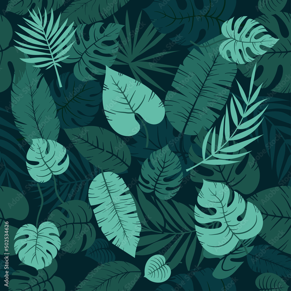 Seamless vector green tropic leaves jungle plant pattern in layers with shadows. Leaf overlay on brunch monstera and palm leaves. Suitable for wallpaper, wrapping, textile printing and background. Seamless vector green tropic leaves jungle plant pattern in layers with shadows. Leaf overlay on brunch monstera and palm leaves. Suitable for wallpaper, wrapping, textile printing and background.