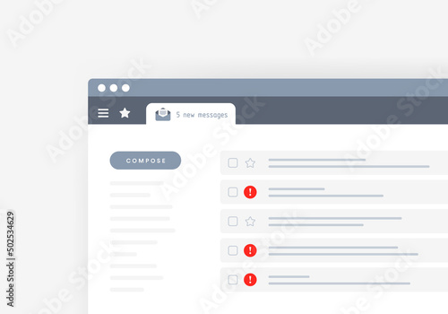 E-Mail service interface with 5 new messages and spam. Vector illustration in flat design of the email service open in the browser window with tab notification