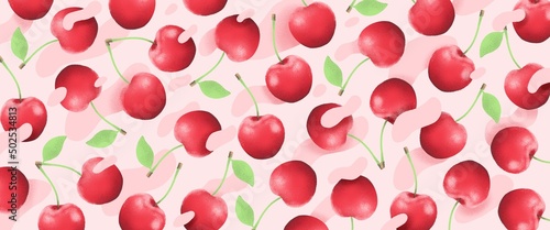 Horizontal, artistic, colorful, cherries, banner, fruits illustartion.