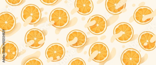Horizontal, artistic, colorful, oranges, banner, juice, fruit illustration.