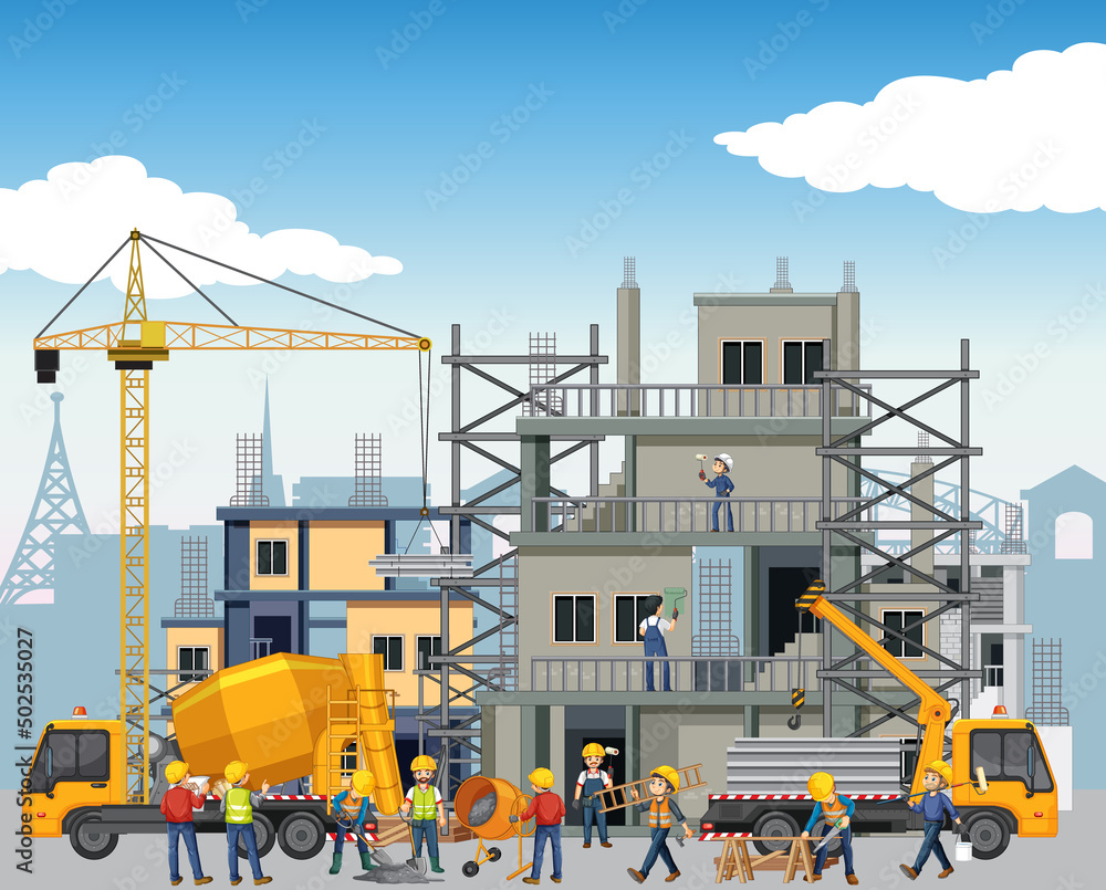 House construction site with workers House construction site with workers