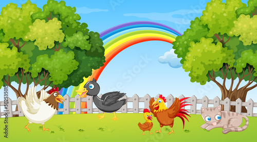 Park scene with many animals