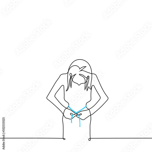 extremely thin woman measuring waist using a centimeter tape - one line drawing vector. concept sick with anorexia or eating disorder, hunger strike, strict diet photo