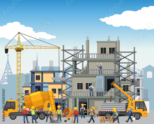 House construction site with workers