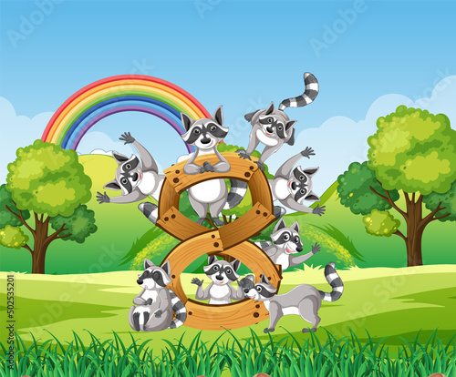 Eight raccoons attached to number eight