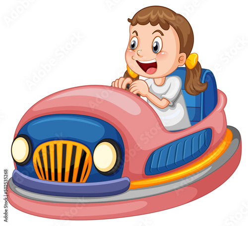 Little girl driving bumper car in cartoon design