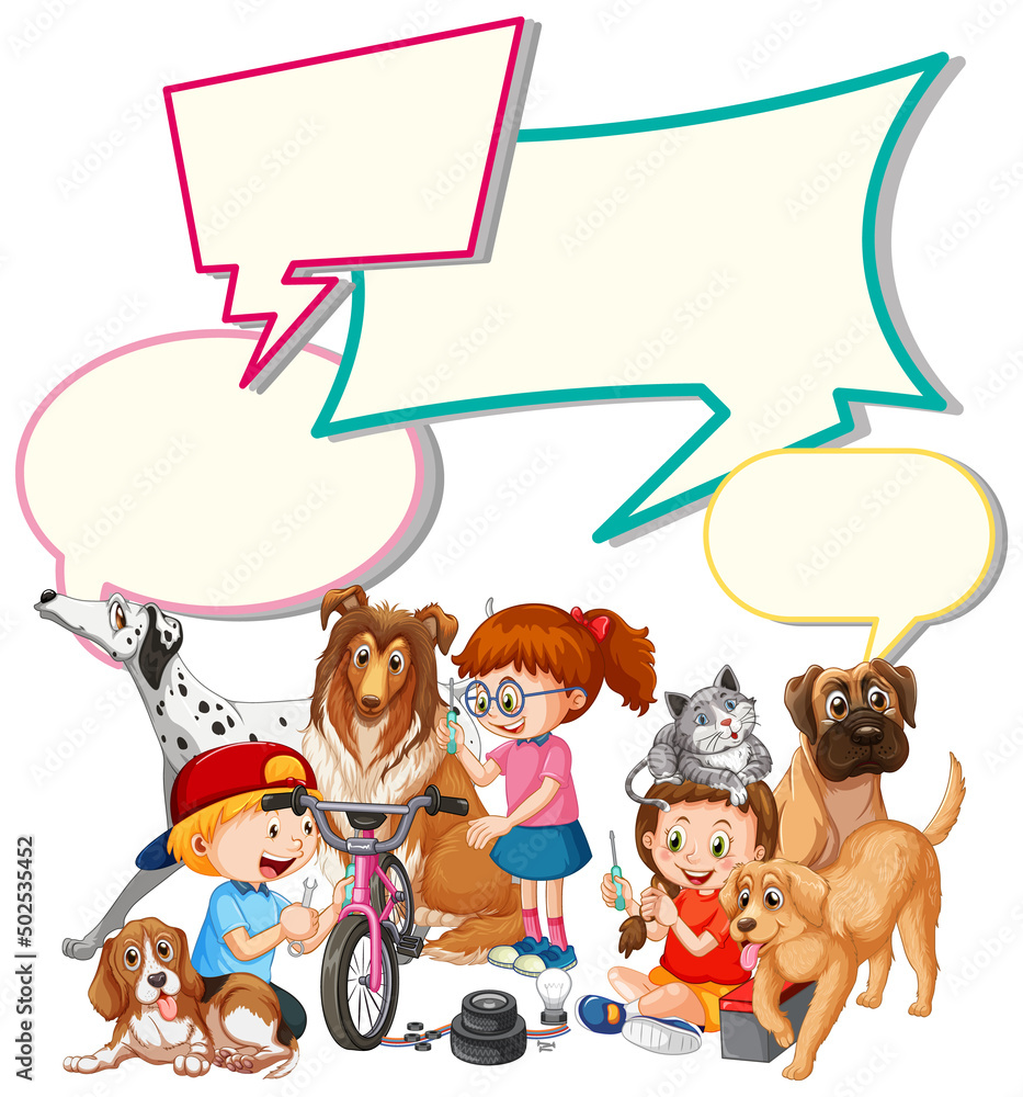 Obraz premium Speech bubble template with kids and pets