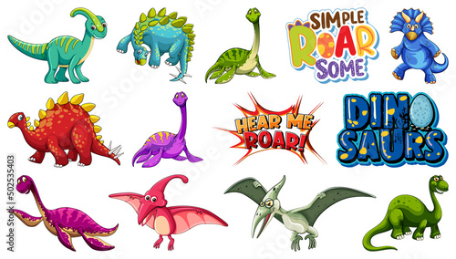 Many dinosaurs on white background