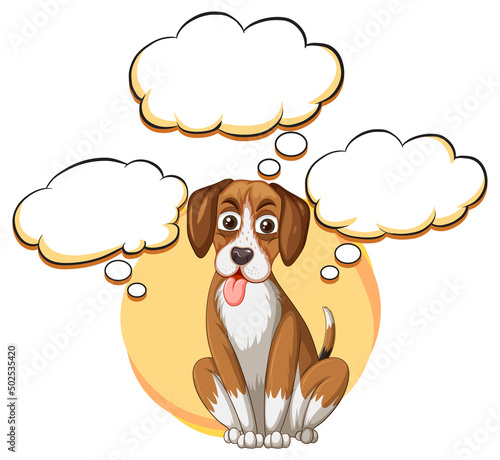 A dog thinking with many callouts