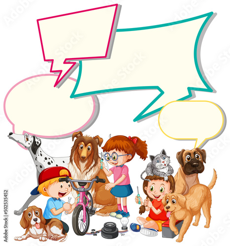 Speech bubble template with kids and pets © GraphicsRF