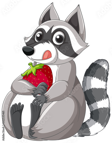 Cute cartoon raccoon sitting with strawberry on white background