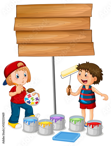Two kids painting wooden sign