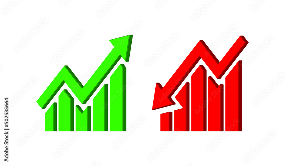 Graph going Up and Down sign with green and red arrows vector. Flat design vector illustration concept of sales bar chart symbol icon with arrow moving down and sales bar chart with arrow moving up. Graph going Up and Down sign with green and red arrows vector. Flat design vector illustration concept of sales bar chart symbol icon with arrow moving down and sales bar chart with arrow moving up.