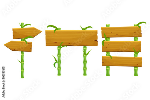 Set of green bamboo signboards from wooden planks in cartoon style isolated on white background. Collection asian decorations with leaves and rope.
