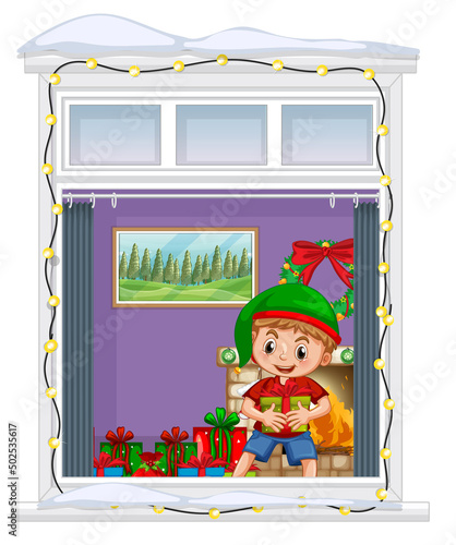 View through the window of cartoon character in Christmas theme