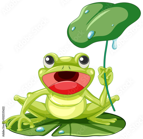 Cartoon frog holding lotus leaf