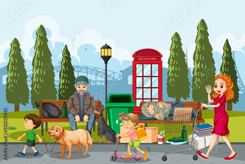 Outdoor scene with homeless people
