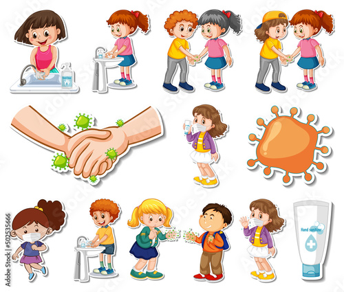 Sticker set of covid19 icons and cartoon characters