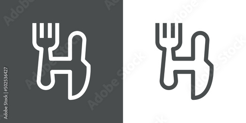 Logotipo restaurante con letra H con silueta de tenedor y cuchillo con líneas en fondo gris y fondo blanco