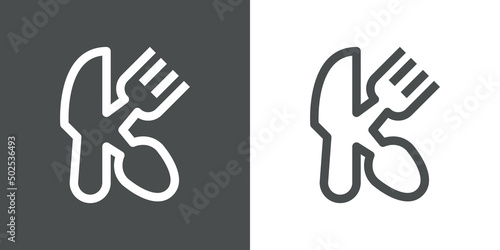 Logotipo restaurante con letra K con silueta de tenedor, cuchara y cuchillo con líneas en fondo gris y fondo blanco