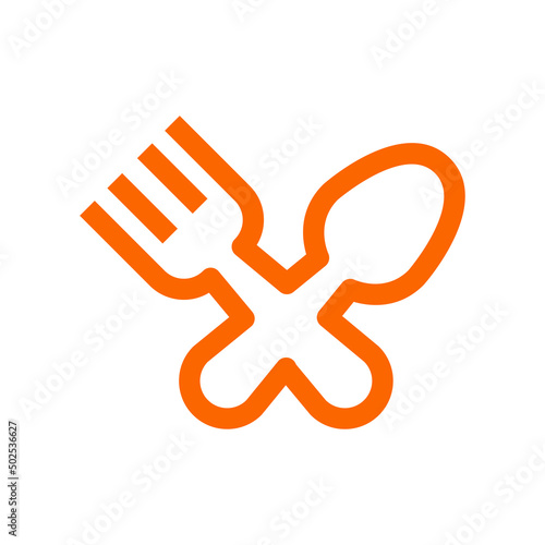 Logotipo restaurante con letra X con silueta de tenedor y cuchara con líneas en color anaranjado