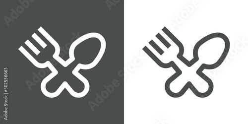 Logotipo restaurante con letra X con silueta de tenedor y cuchara con líneas en fondo gris y fondo blanco
