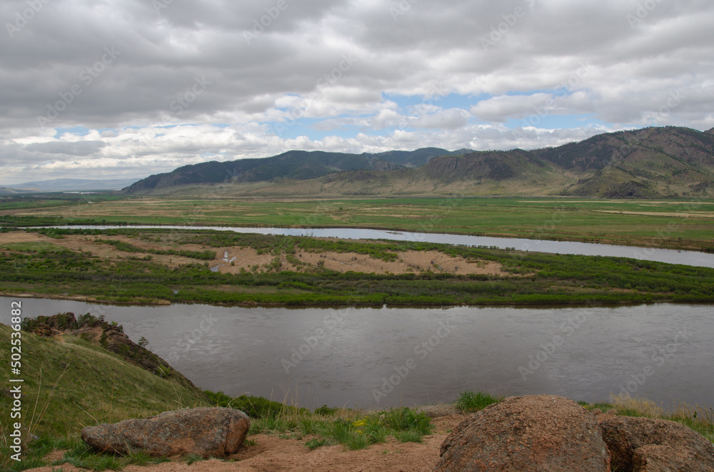 View of the river valley from a height. Bright spring landscape. View of the river valley from a height. Bright spring landscape.