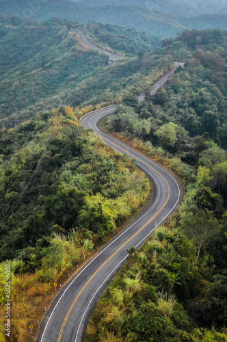 Aerial view of Curvy road number 3 in the mountain of Pua district  Nan province  Thailand