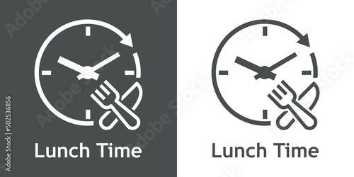Logotipo con texto Lunch Time con esfera de reloj simple con flecha girando con silueta de tenedor y cuchillo en aspa con lineas en fondo gris y fondo blanco