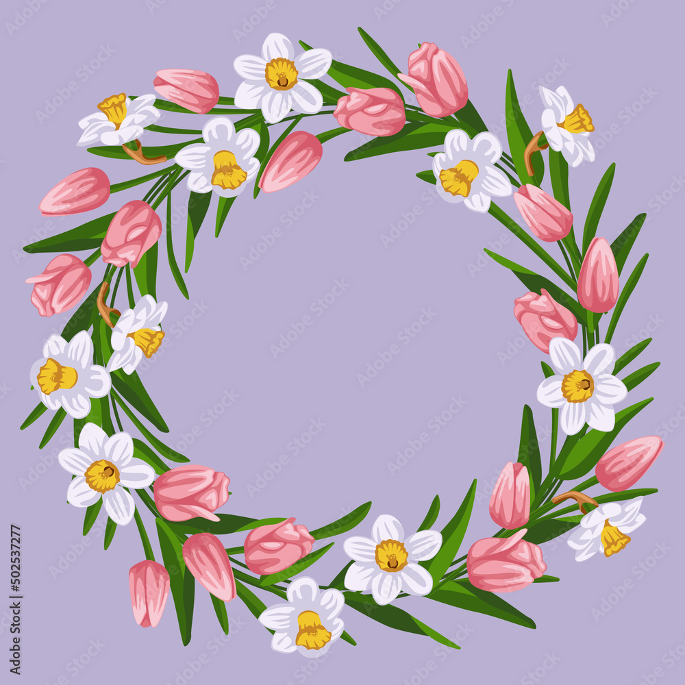 A wreath of pink tulips and daffodils A wreath of pink tulips and daffodils