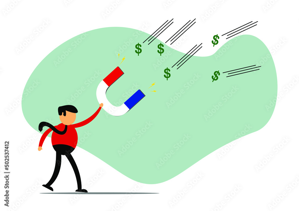 Vector illustration of businessman cartoon character drawing money with magnet, Commonly used for all content about Vector illustration of businessman cartoon character drawing money with magnet, Commonly used for all content about