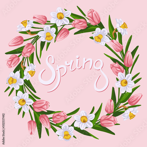 A wreath of pink tulips and daffodils