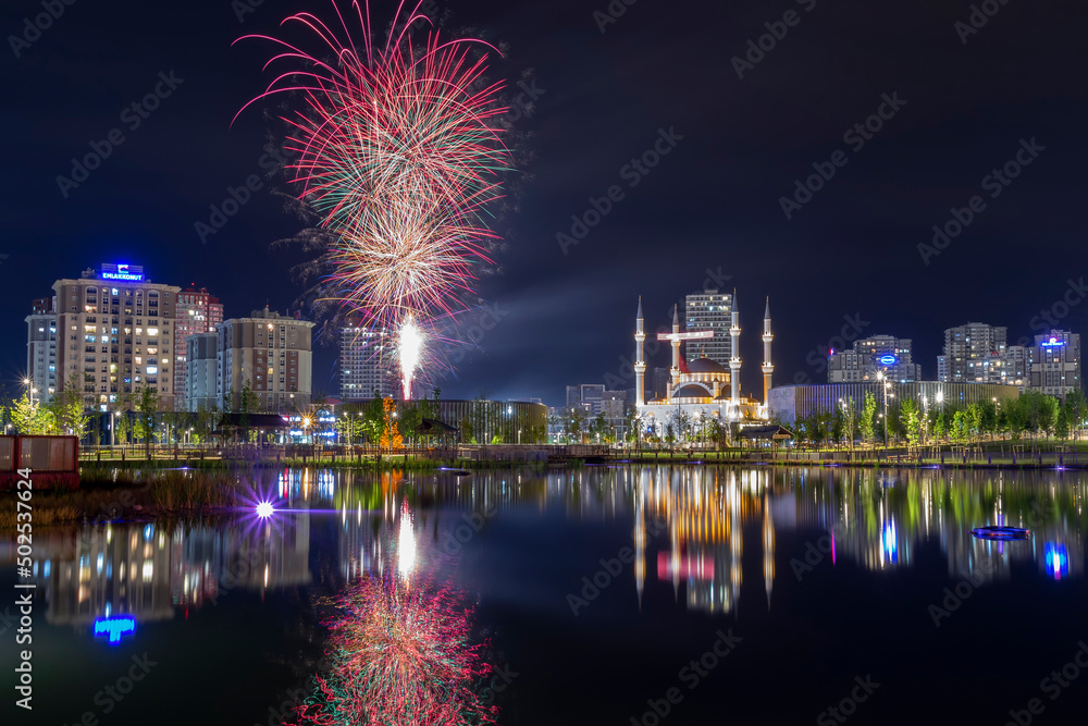 basaksehir-istanbul- turkey 06.May.2019 ramadan moon and evening celebrations, fireworks show