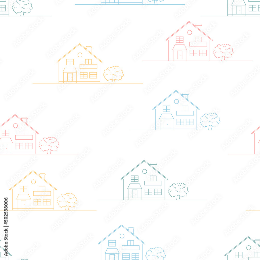 Background with outline houses. Cottages vector seamless pattern. 