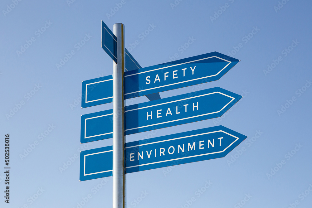 Fototapeta premium Safety, health, environment on signpost on blue sky. Healthy lifestyle concept