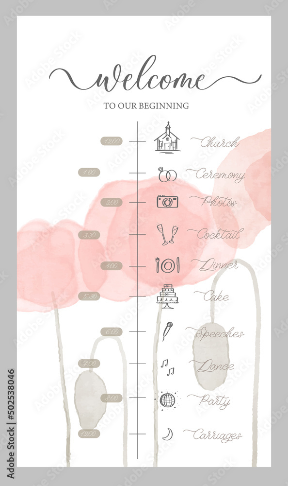 Wedding Timeline menu on wedding day with red watercolor poppy. Abstract floral art background vector design for wedding and vip cover template. Wedding Timeline menu on wedding day with red watercolor poppy. Abstract floral art background vector design for wedding and vip cover template.